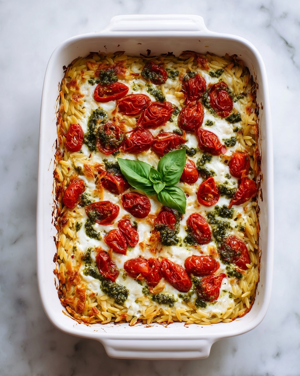 One Pan Caprese Pesto Orzo Bake Recipe - Recipe Image