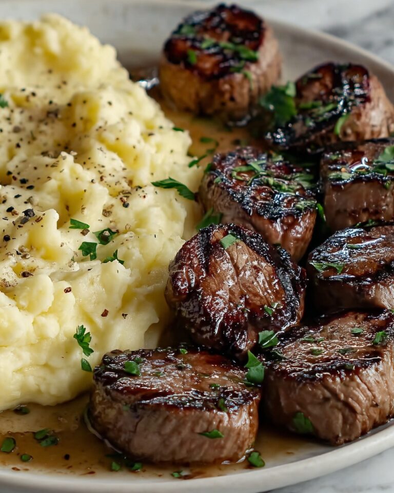 Garlic Butter Beef Bites with Creamy Mashed Potatoes Recipe