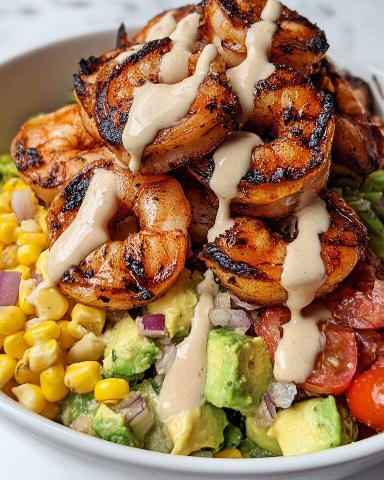 Grilled Shrimp Bowl with Avocado, Corn Salsa & Creamy Garlic Sauce Recipe