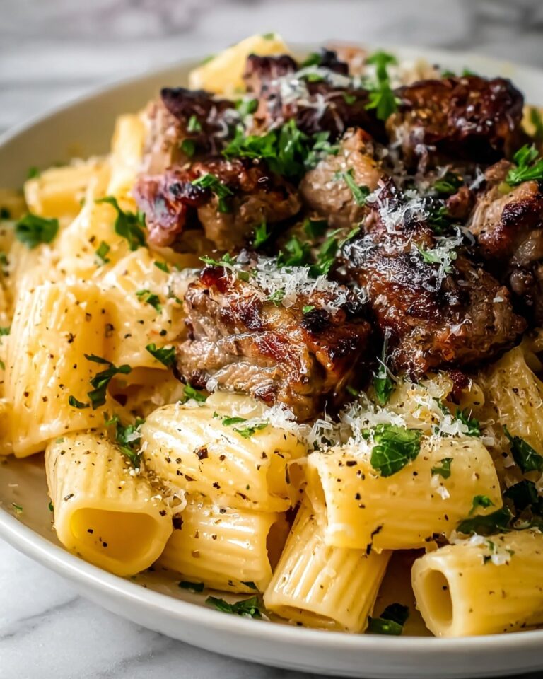 Garlic Butter Steak Tips with Cheesy Rigatoni Recipe