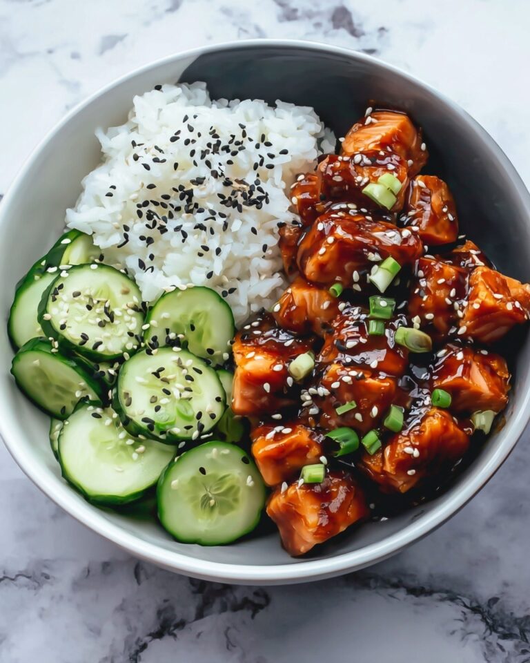 Teriyaki Salmon Bites with Avocado Cucumber Salad and Spicy Sriracha Mayo Recipe