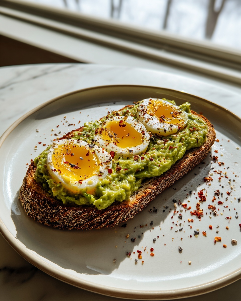 Smashed Avocado Egg Toast with Chili Flakes Recipe - Recipe Image