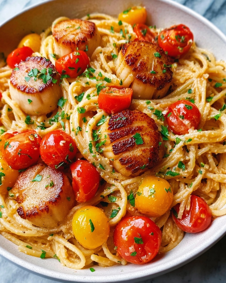 Shrimp Scallop Pasta with Cherry Tomatoes Recipe - Recipe Image