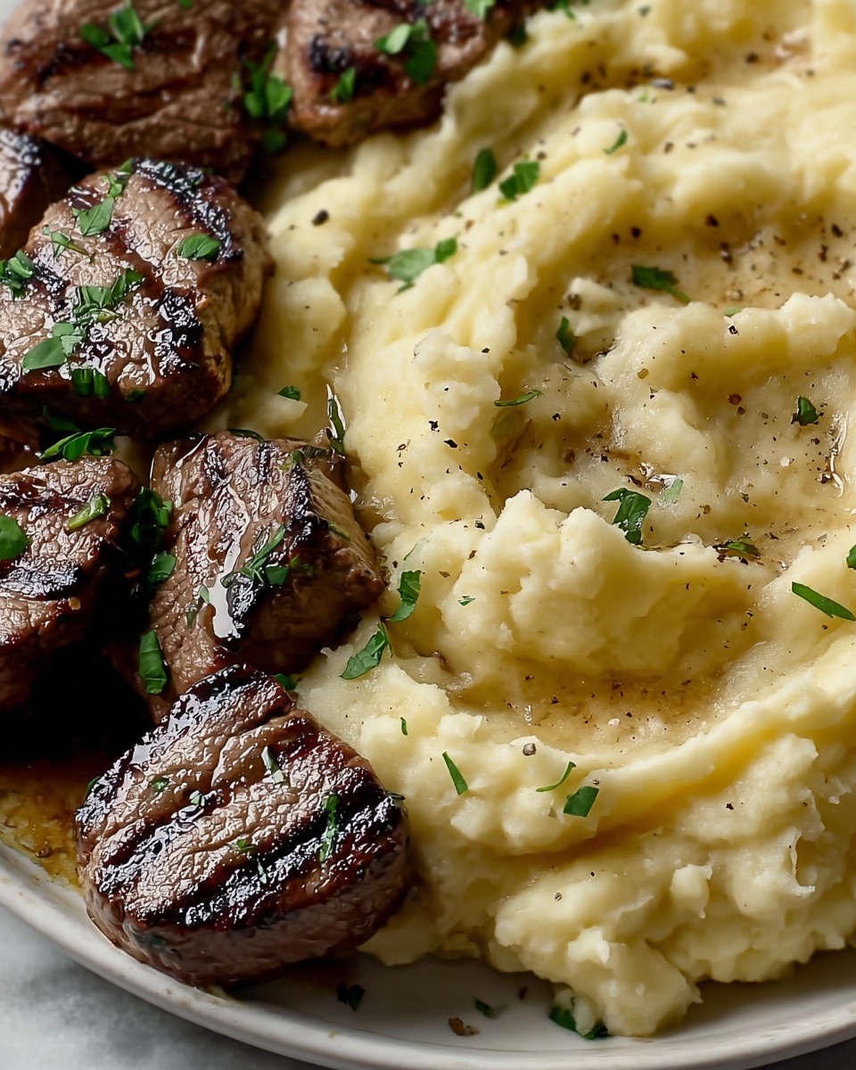 Garlic Butter Beef Bites with Creamy Mashed Potatoes Recipe - Recipe Image