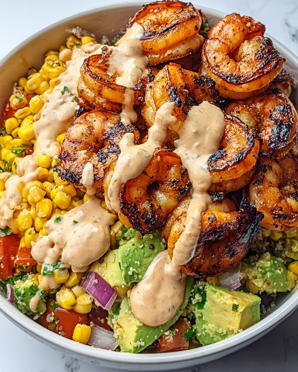 Grilled Shrimp Bowl with Avocado, Corn Salsa & Creamy Garlic Sauce Recipe - Recipe Image