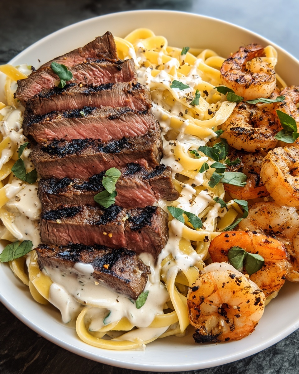 Blackened Steak and Shrimp Alfredo Recipe - Recipe Image