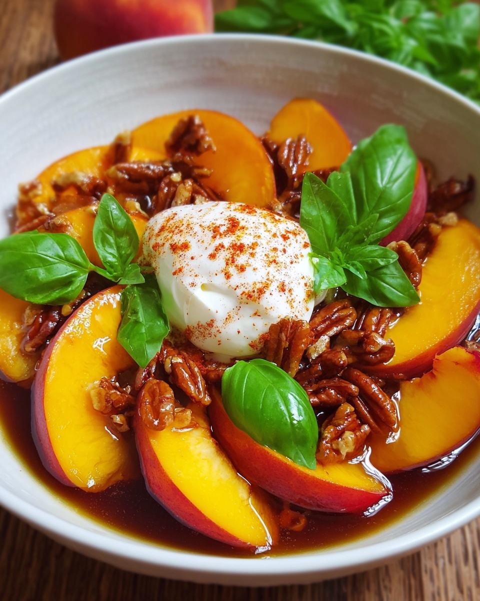 Peach & Burrata Caprese with Hot Honey and Candied Pecans Recipe - Recipe Image