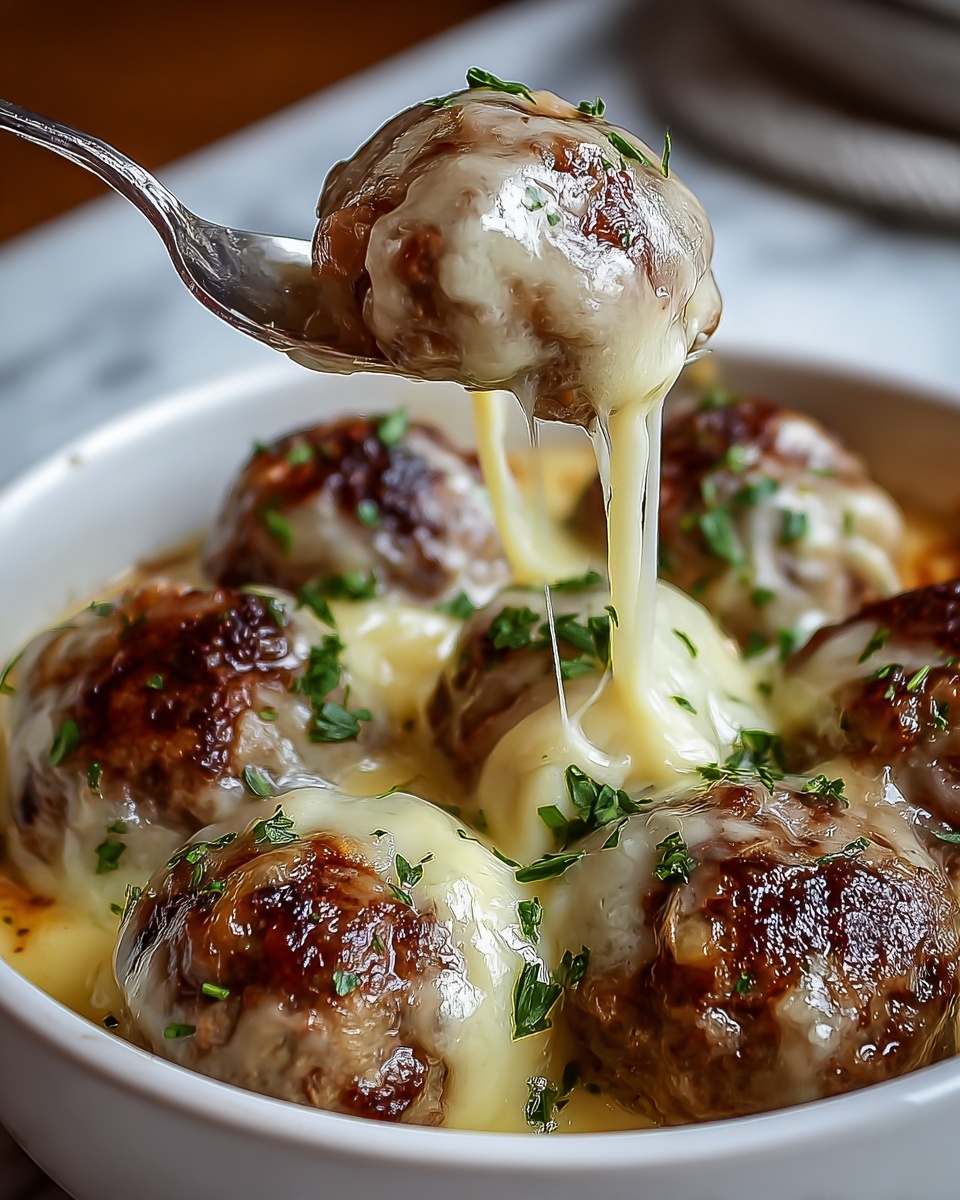 French Onion Meatballs with Baked Parmesan and Gruyère Recipe - Recipe Image