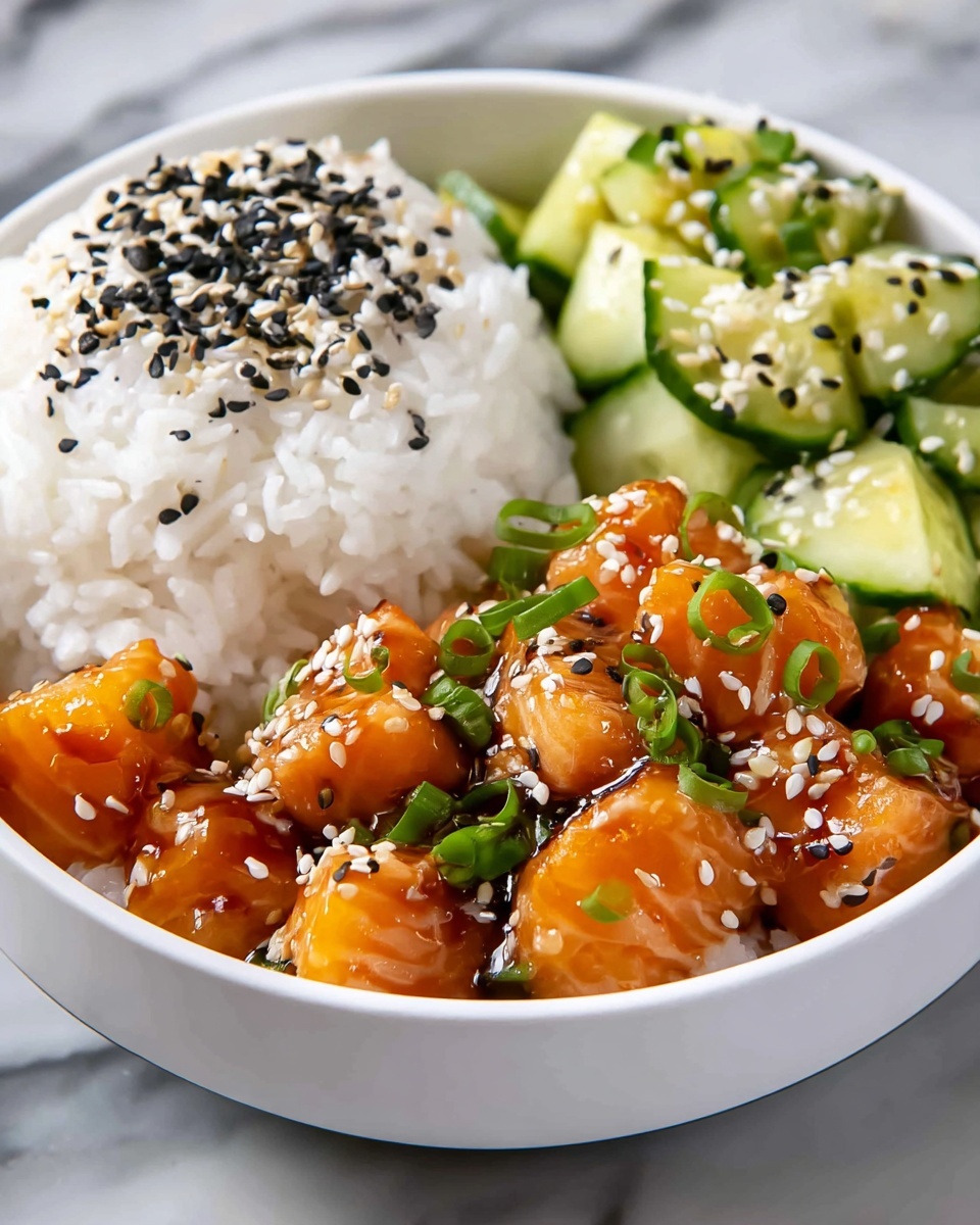 Teriyaki Salmon Bites with Avocado Cucumber Salad and Spicy Sriracha Mayo Recipe - Recipe Image
