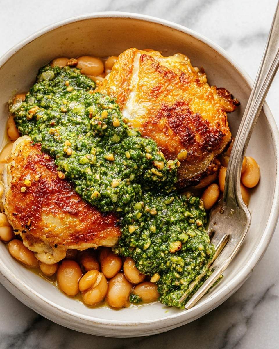 One-Pan Crispy Chicken with Cannellini Beans and Pistachio Pesto Recipe - Recipe Image