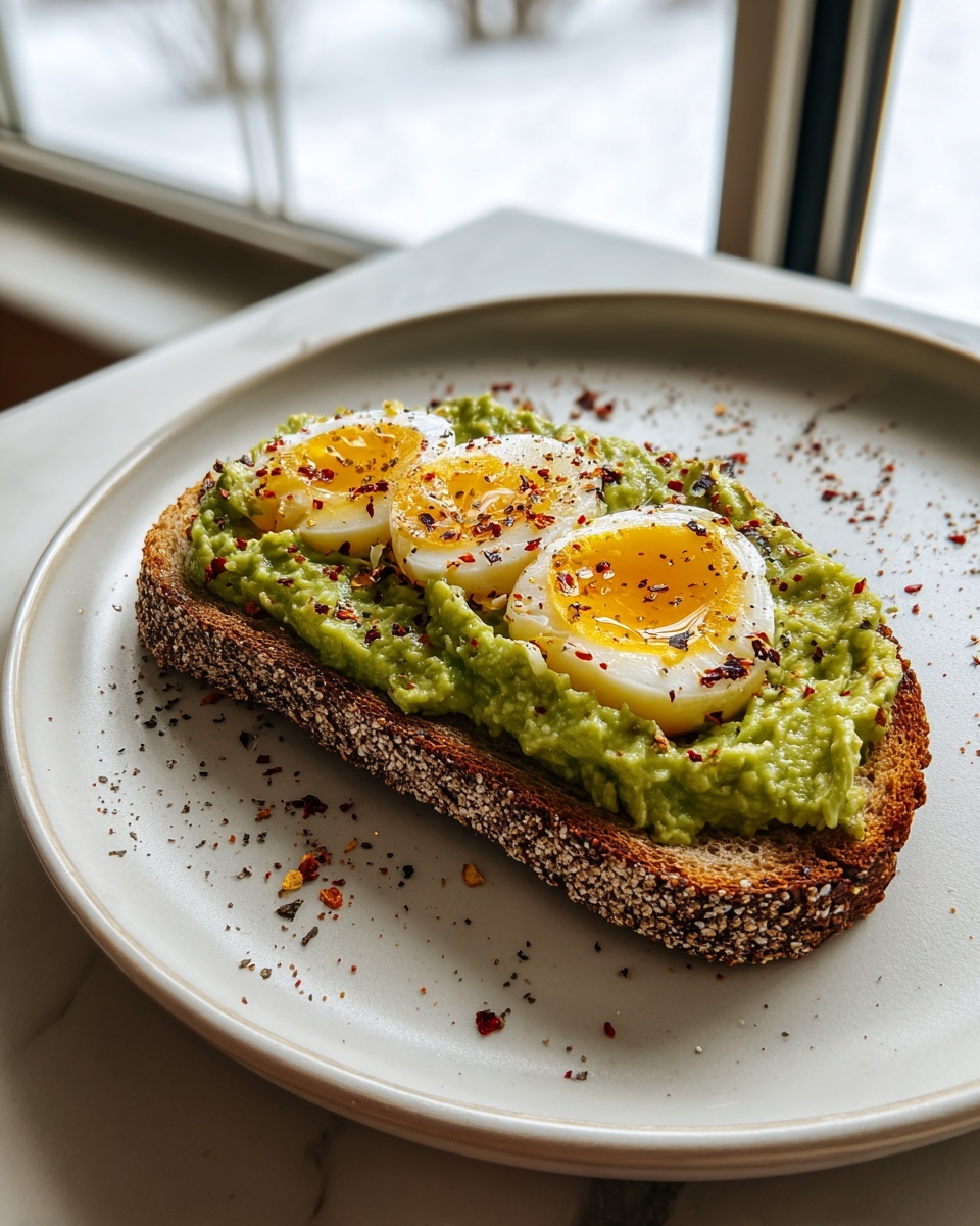 Smashed Avocado Egg Toast with Chili Flakes Recipe - Recipe Image