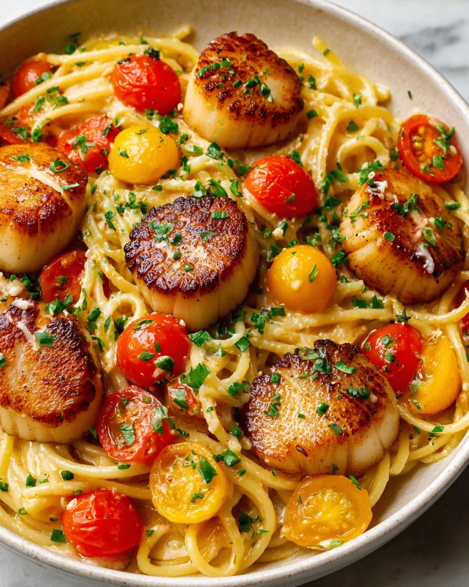 Shrimp Scallop Pasta with Cherry Tomatoes Recipe - Recipe Image