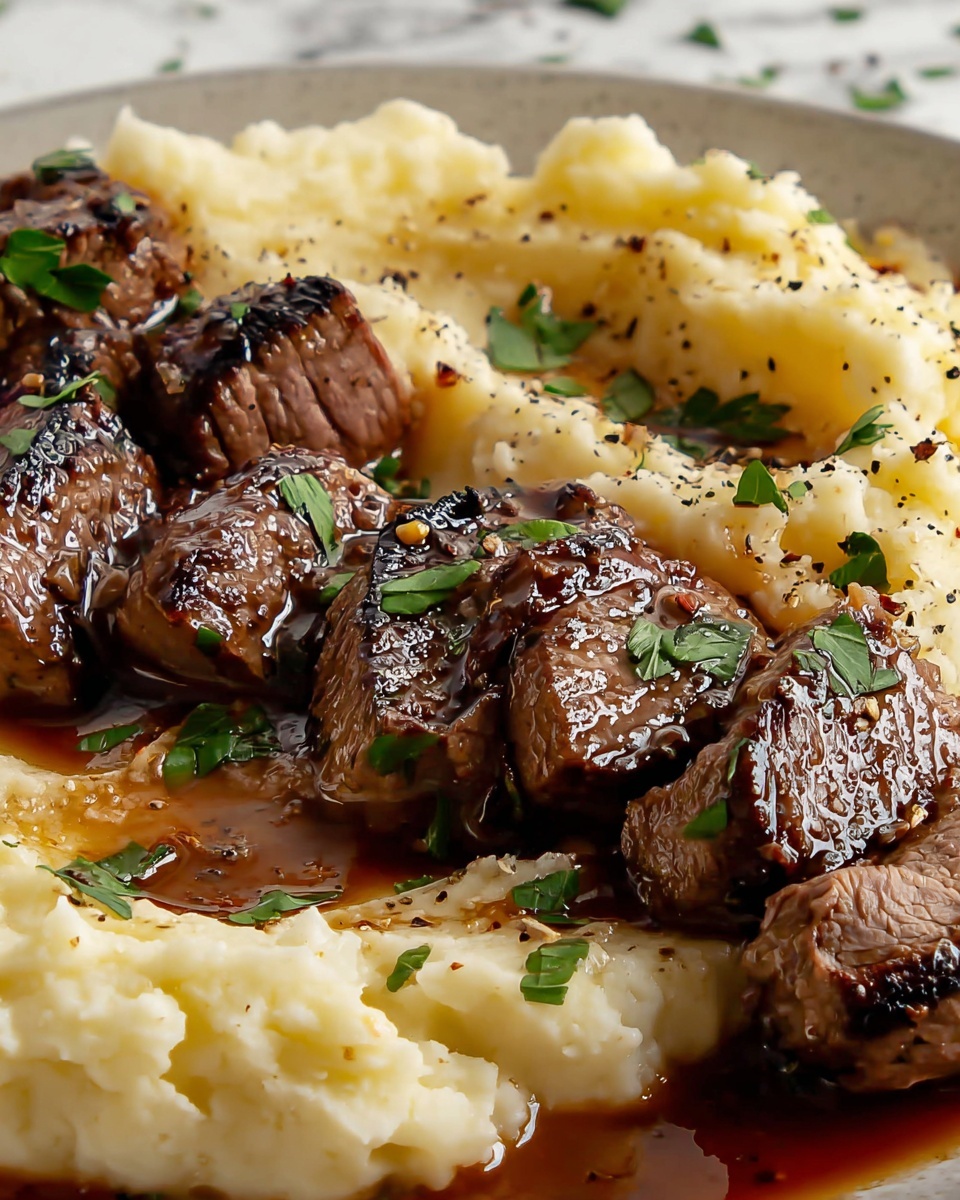 Garlic Butter Beef Bites with Creamy Mashed Potatoes Recipe - Recipe Image