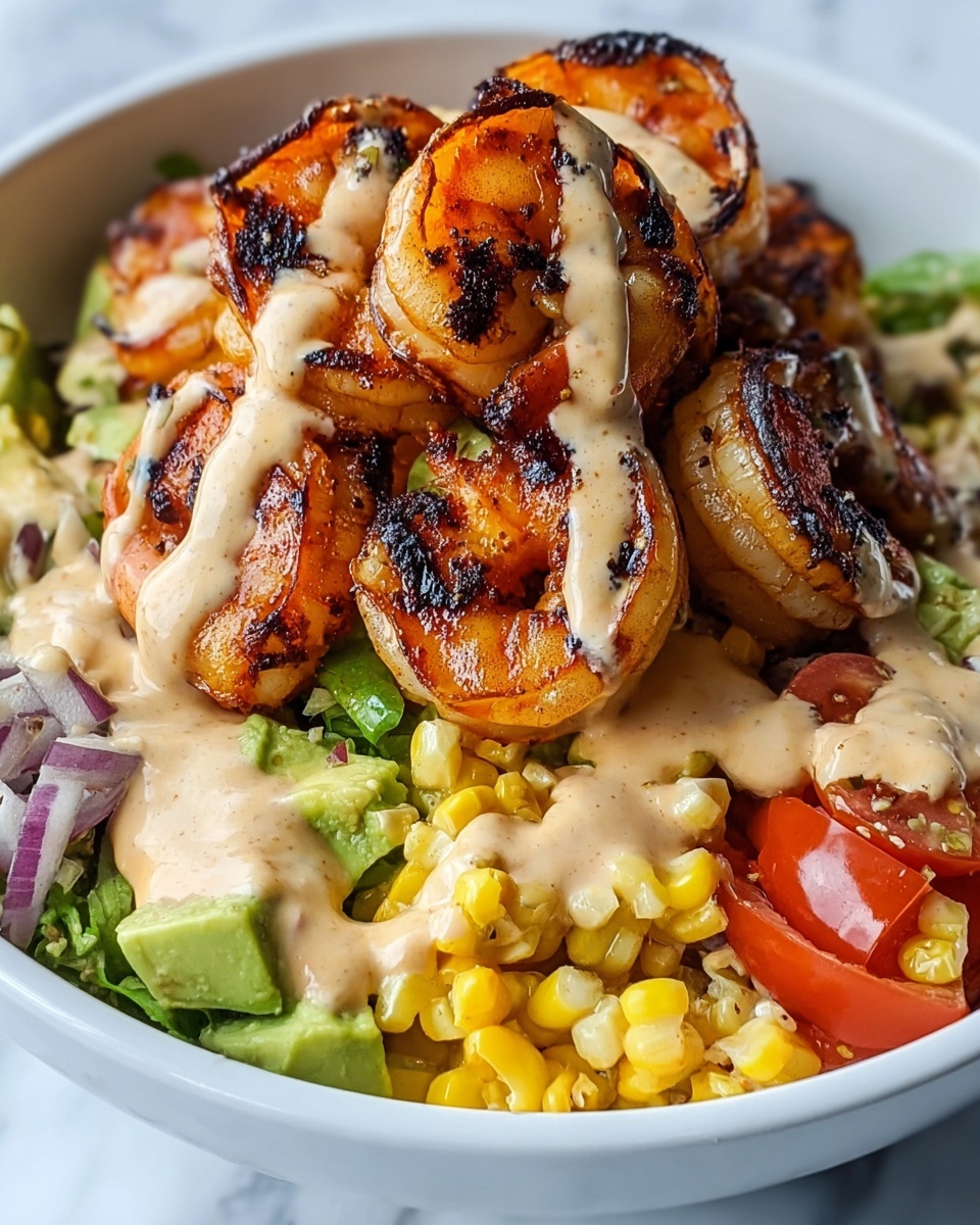 Grilled Shrimp Bowl with Avocado, Corn Salsa & Creamy Garlic Sauce Recipe - Recipe Image