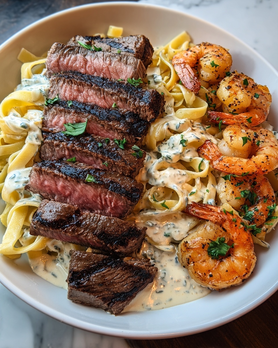 Blackened Steak and Shrimp Alfredo Recipe - Recipe Image