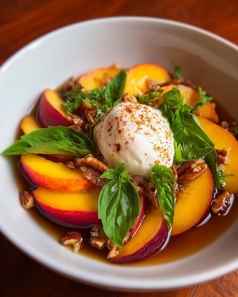 Peach & Burrata Caprese with Hot Honey and Candied Pecans Recipe - Recipe Image