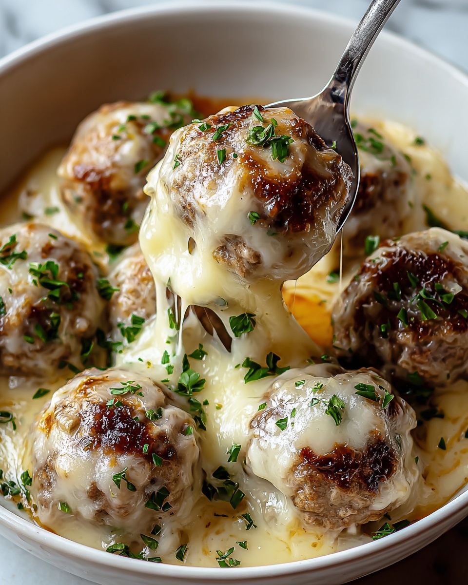French Onion Meatballs with Baked Parmesan and Gruyère Recipe - Recipe Image