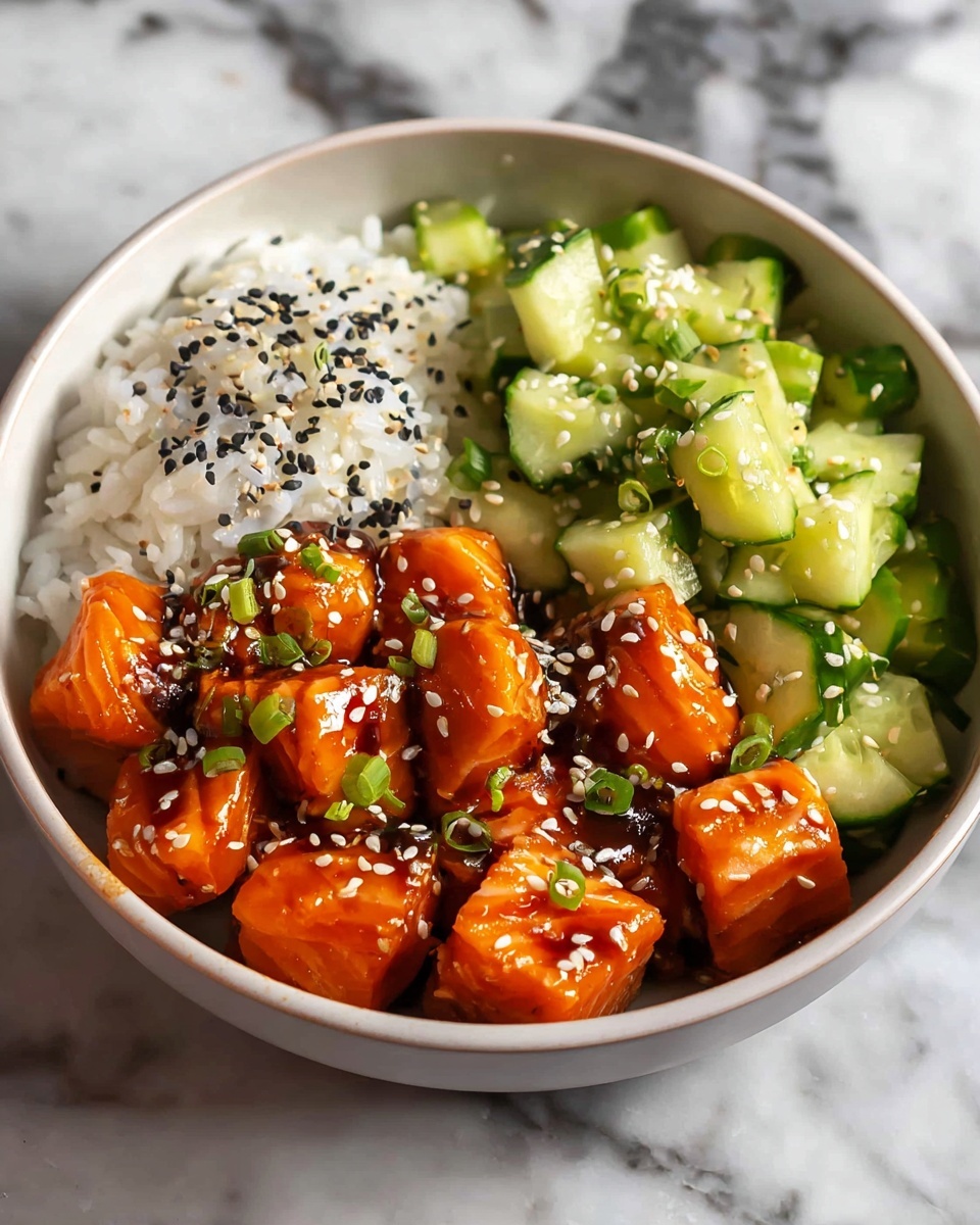 Teriyaki Salmon Bites with Avocado Cucumber Salad and Spicy Sriracha Mayo Recipe - Recipe Image