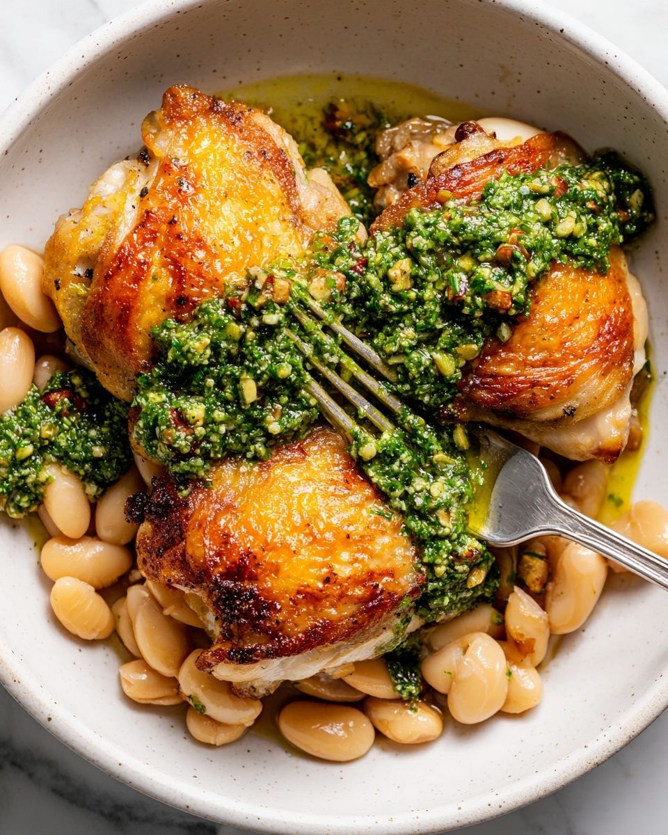 One-Pan Crispy Chicken with Cannellini Beans and Pistachio Pesto Recipe - Recipe Image