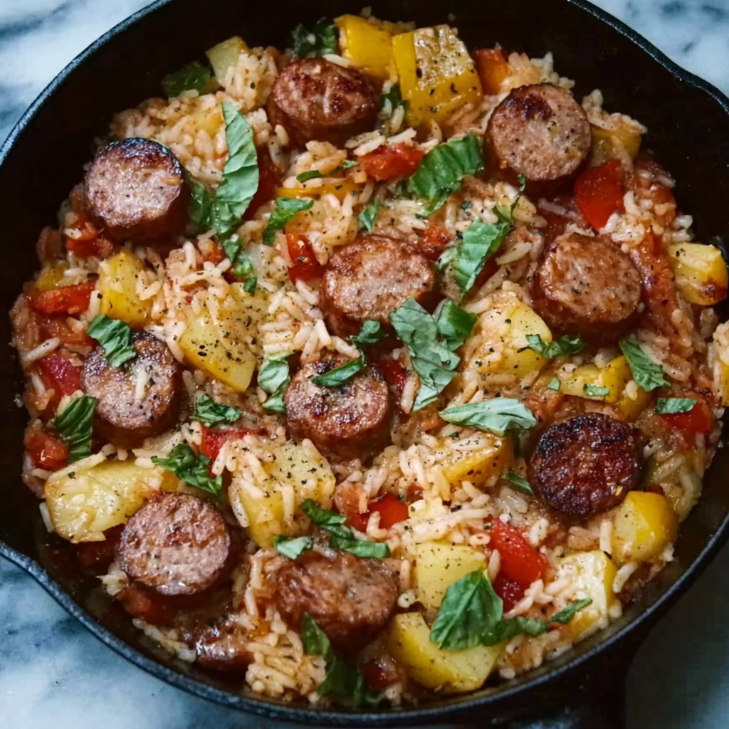 Summer Sausage Skillet with Andouille and Fresh Basil Cilantro Crema Recipe - Recipe Image