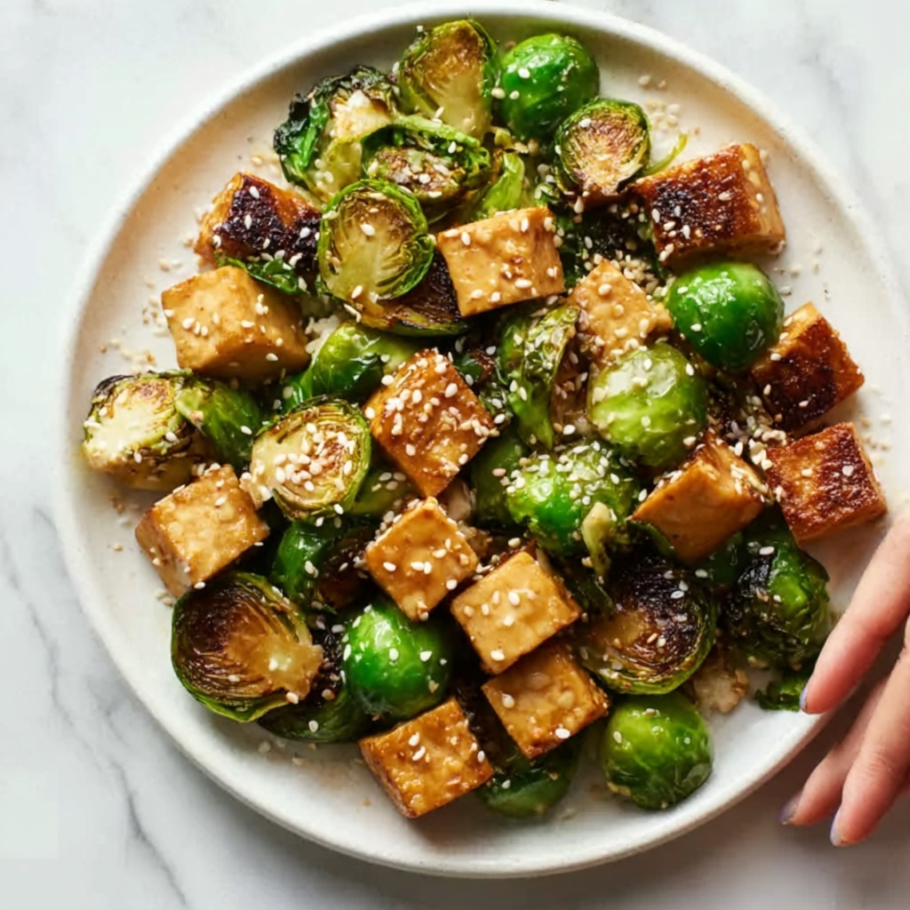 Roasted Brussels Sprouts and Crispy Tofu with Honey-Sesame Glaze Recipe - Recipe Image
