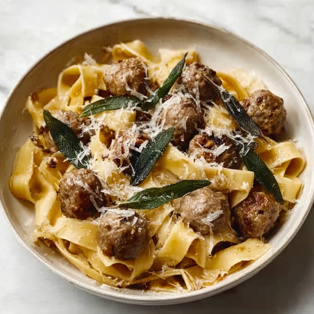 Winter Pasta with Mushrooms, Sausage Meatballs, Walnuts & Crispy Sage Recipe - Recipe Image