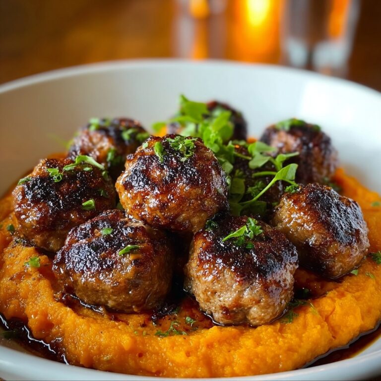 Pork Meatballs with Bourbon-Maple Sauce and Creamy Sweet Potato Mash Recipe