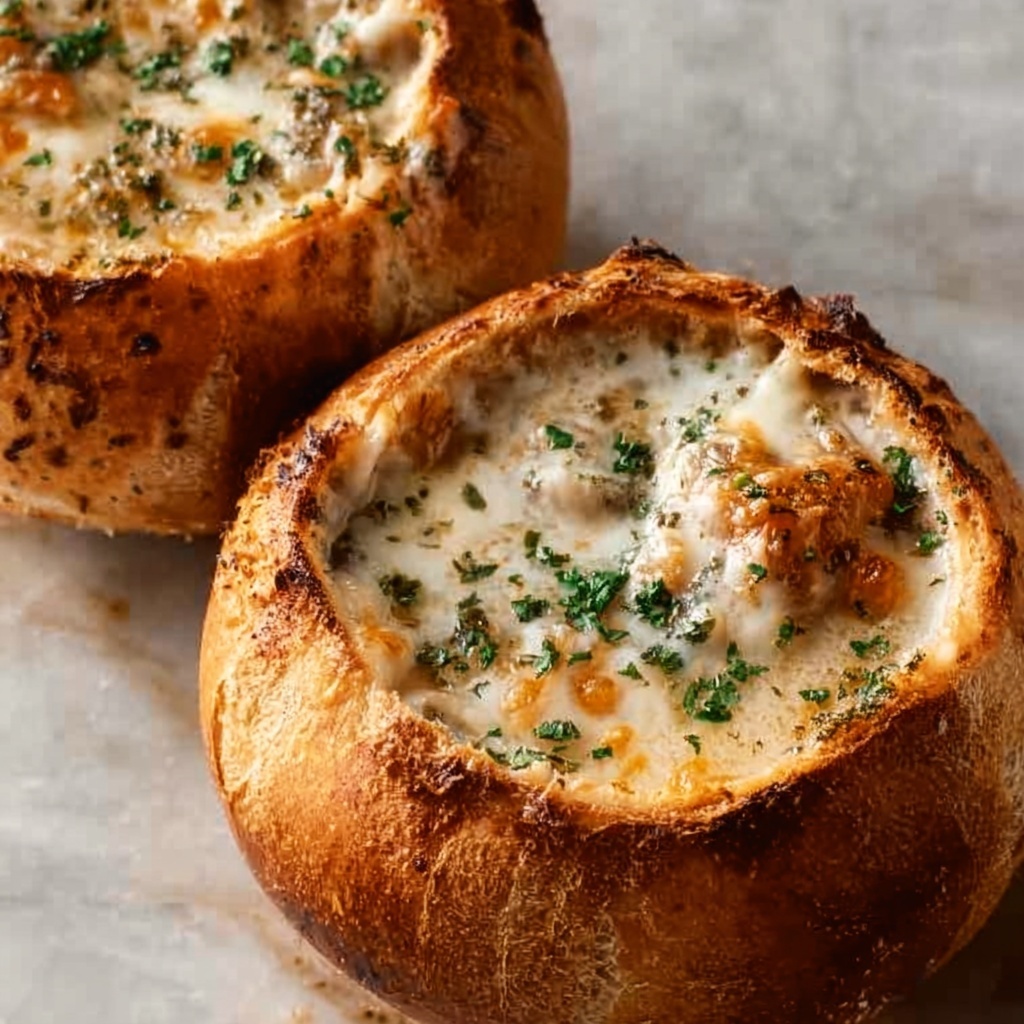 Creamy French Onion Soup Baked in Bread Bowls Recipe - Recipe Image