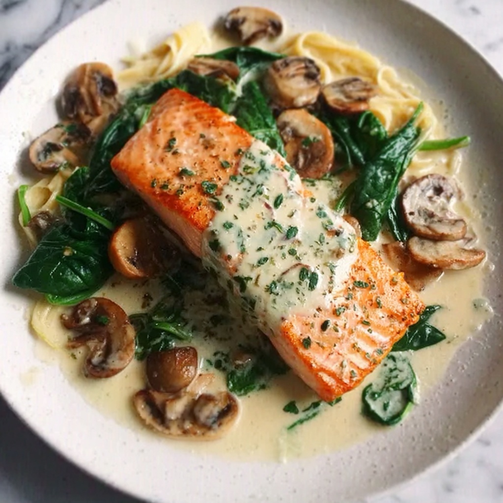 Creamy Salmon Florentine with Spinach and Mushrooms Recipe - Recipe Image