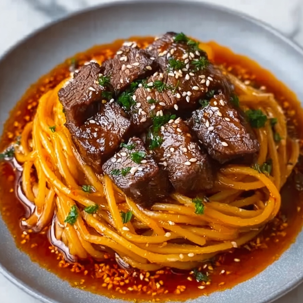 Sweet and Spicy Garlic Steak Pasta Recipe - Recipe Image