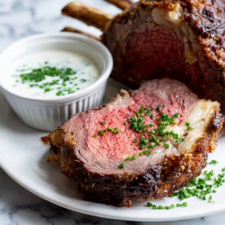 Herb-Crusted Bone-In Ribeye Roast with Roasted Baby Potatoes and Horseradish Sauce Recipe