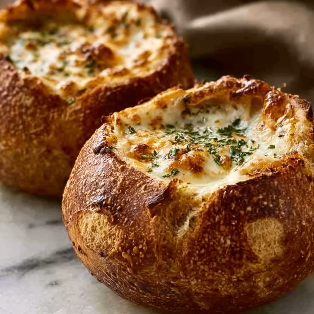 Creamy French Onion Soup Baked in Bread Bowls Recipe - Recipe Image