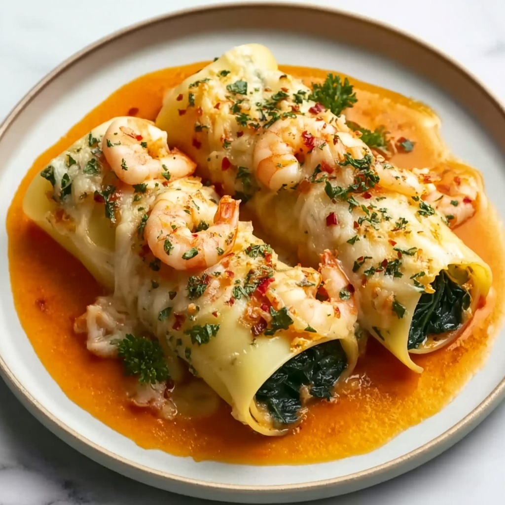 Shrimp & Spinach Stuffed Pasta Rolls with Roasted Red Pepper Cream Sauce Recipe - Recipe Image