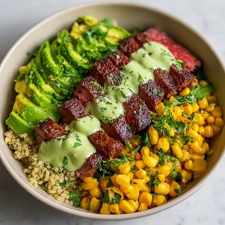 Steak Avocado Roasted Corn Bowl with Cilantro Cream Sauce Recipe