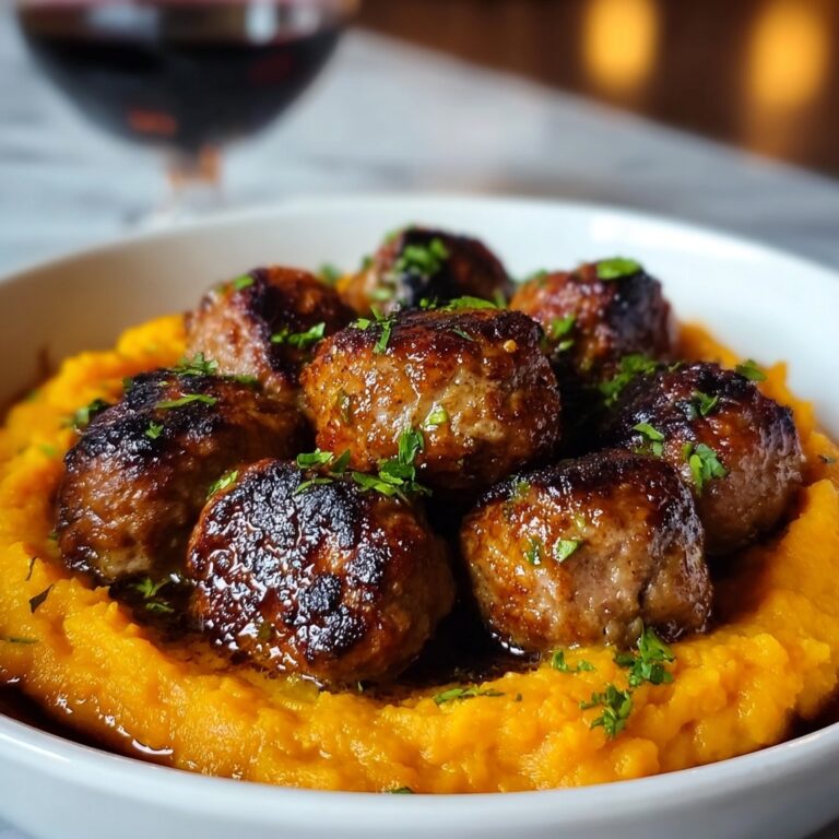 Pork Meatballs with Sweet Potato Mash and Bourbon-Maple Sauce Recipe