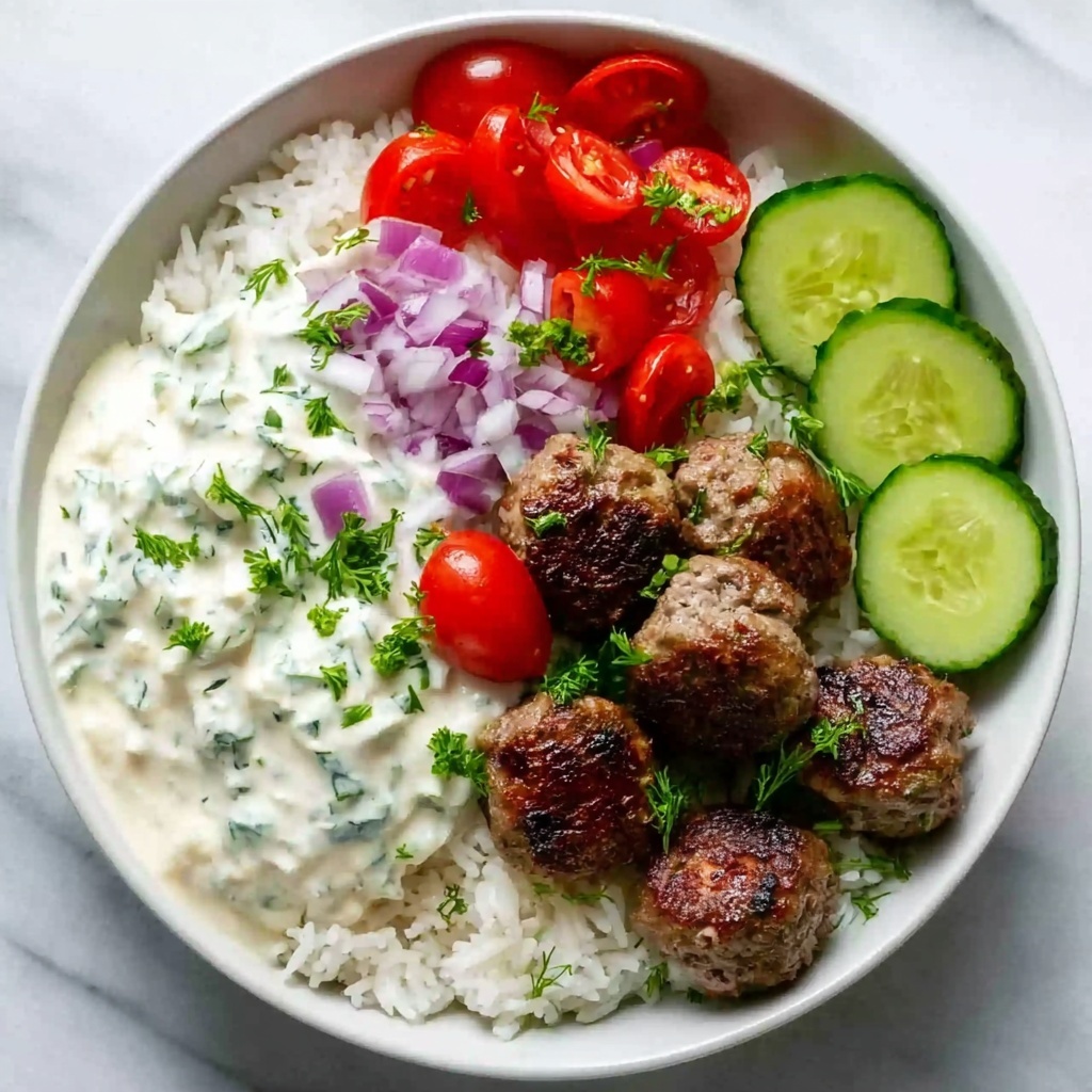 Greek Meatball Bowl with Tzatziki, Rice & Fresh Veggies Recipe - Recipe Image