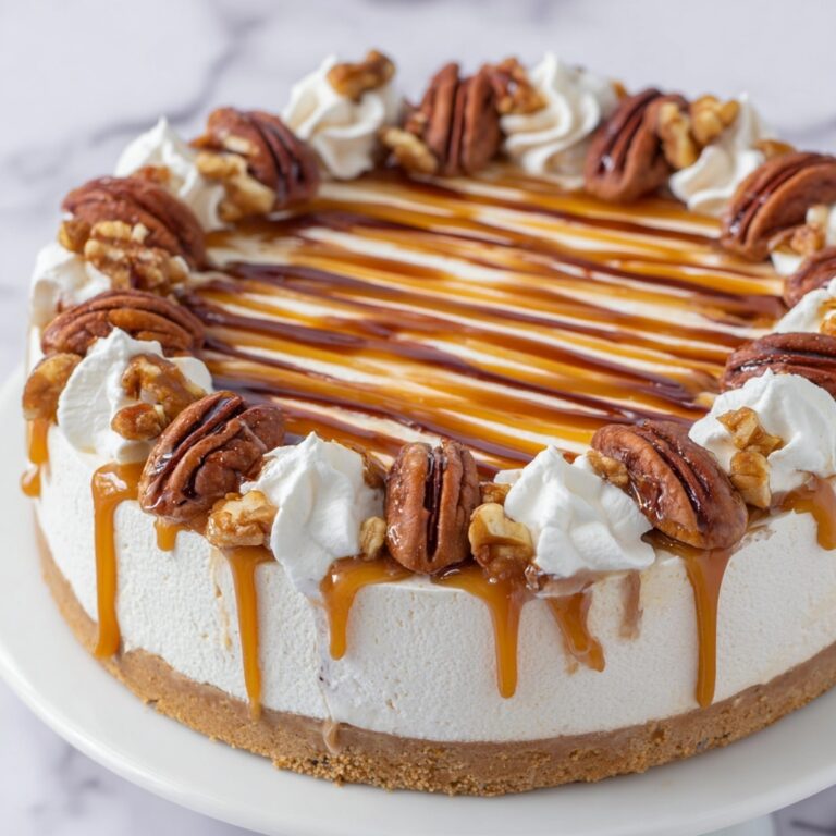 Eggnog Cheesecake with Pecan Topping and Caramel Drizzle Recipe