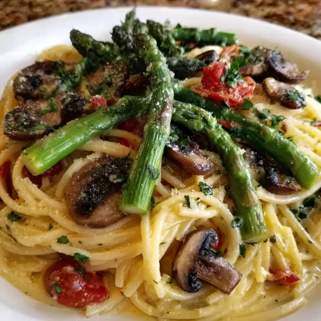 Roasted Asparagus and Mushroom Carbonara Recipe - Recipe Image