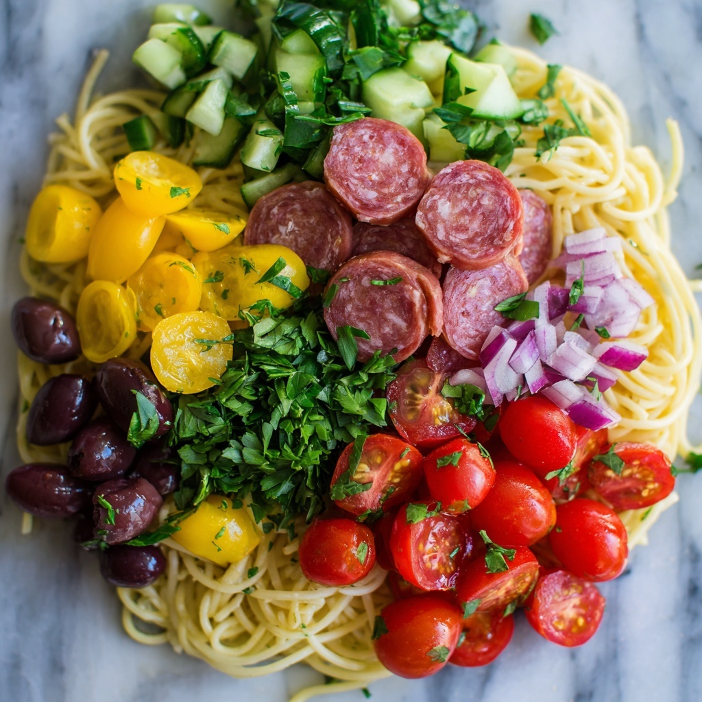 Spaghetti Salad with Fresh Vegetables, Salami, and Italian Dressing Recipe - Recipe Image
