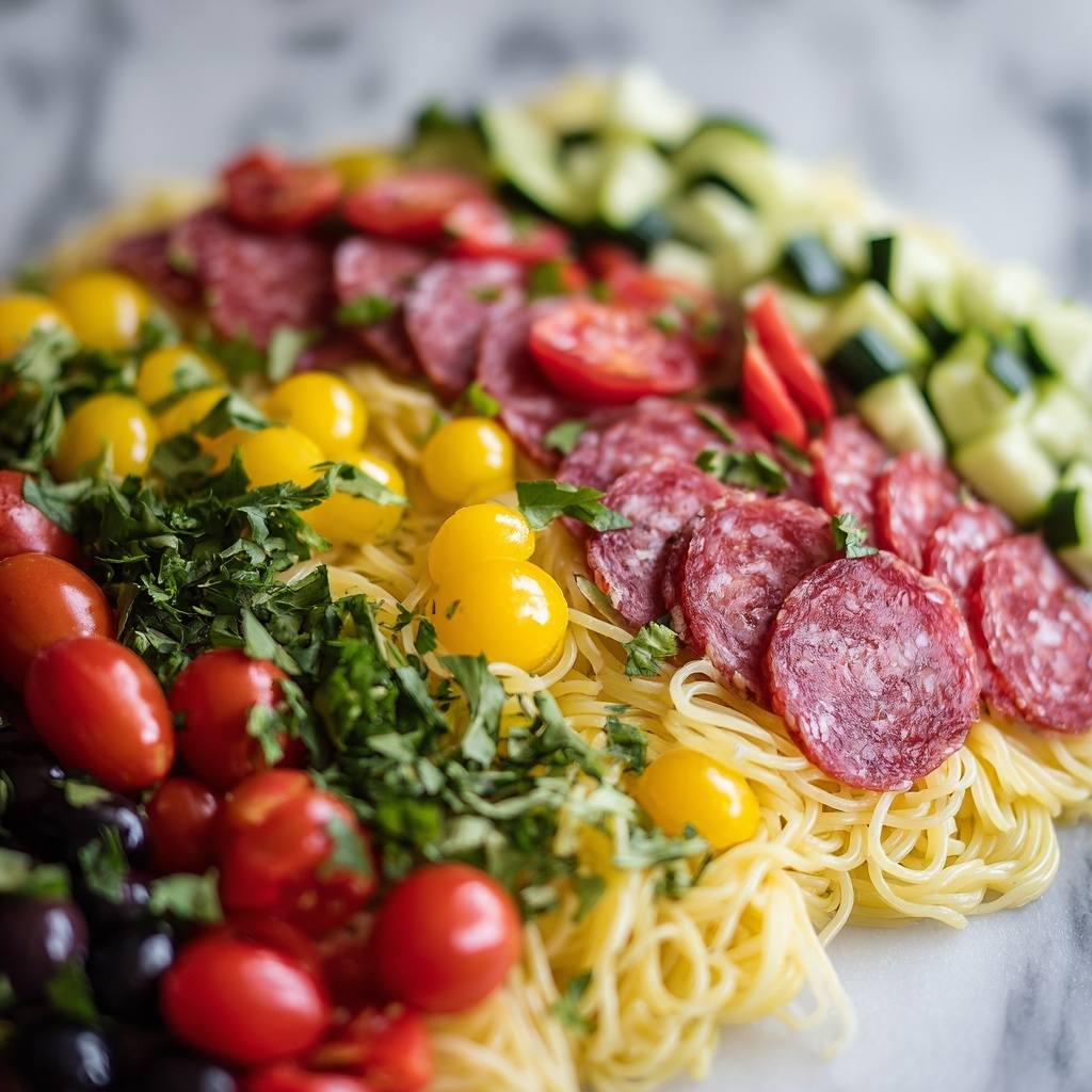 Spaghetti Salad with Fresh Vegetables, Salami, and Italian Dressing Recipe - Recipe Image
