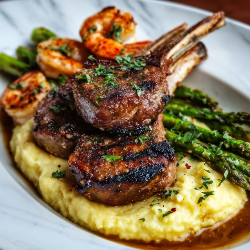 Succulent Lamb Chops with Lobster Mashed Potatoes and Roasted Asparagus Recipe - Recipe Image