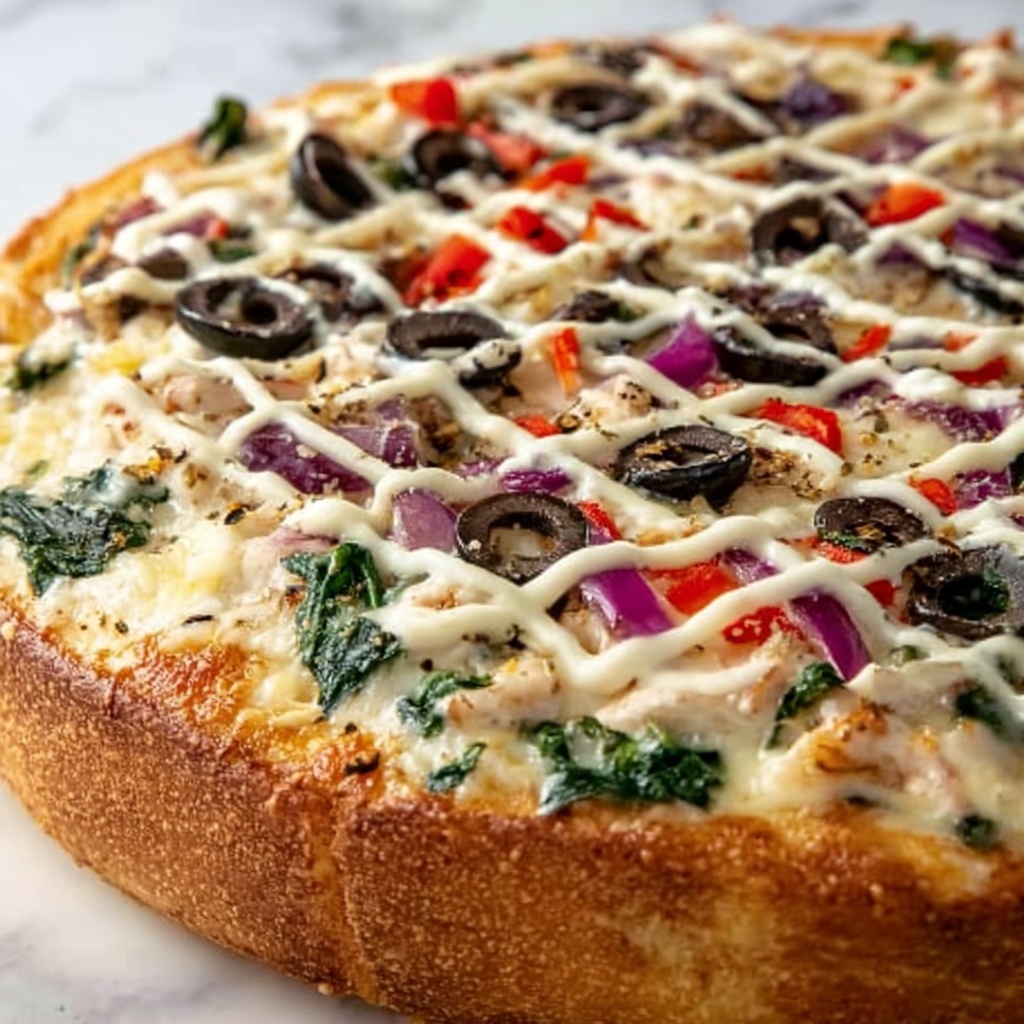 Greek Chicken and Spinach Pizza with Tzatziki Drizzle Recipe - Recipe Image
