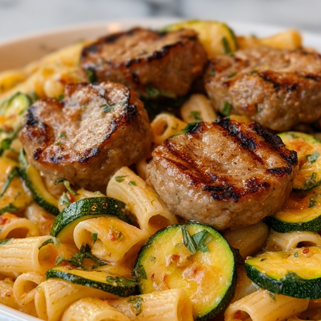Chicken Sausages with Zucchini, Tomatoes, and Pasta Recipe - Recipe Image