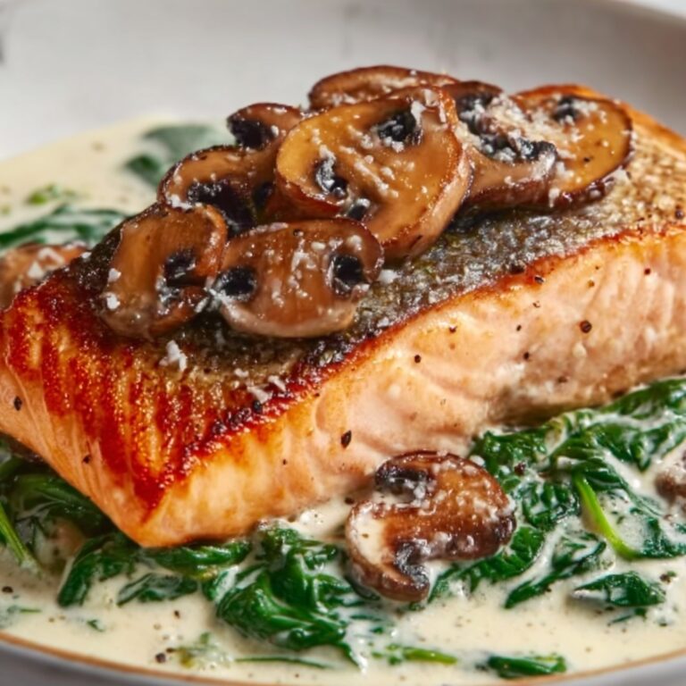 Garlic Butter Salmon with Spinach & Mushrooms in Creamy Sauce Recipe