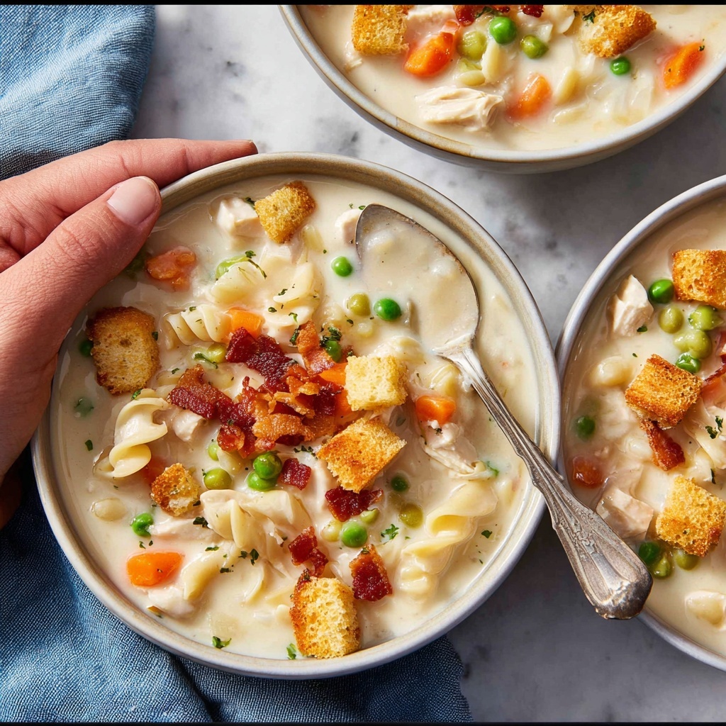 Creamy Chicken Noodle Soup with Mini Croutons Recipe - Recipe Image