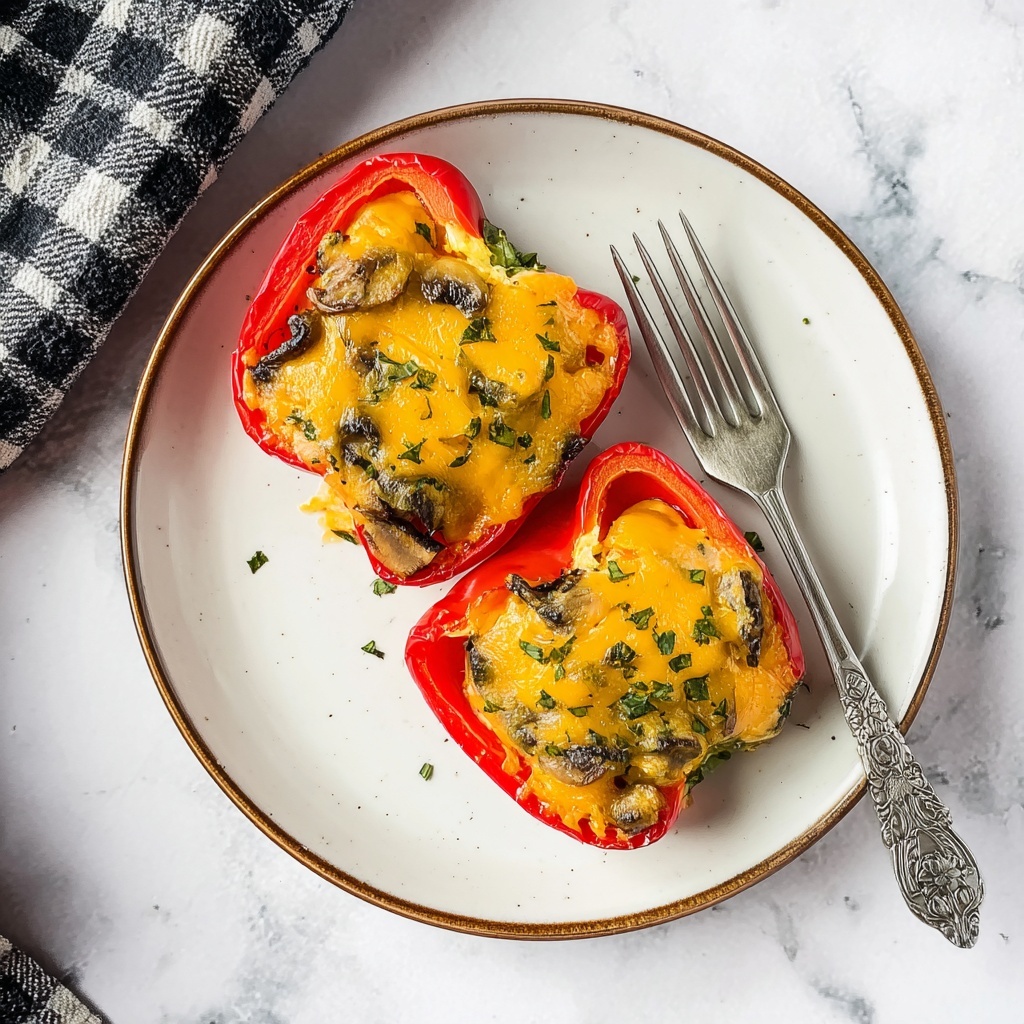 Breakfast Stuffed Bell Peppers with Turkey Sausage, Mushrooms, Spinach, and Cheddar Recipe - Recipe Image