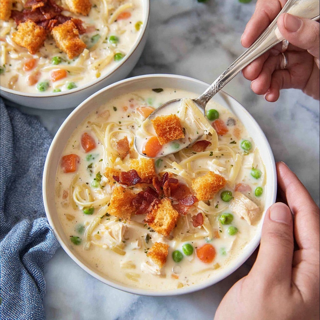 Creamy Chicken Noodle Soup with Mini Croutons and Crispy Bacon Recipe - Recipe Image