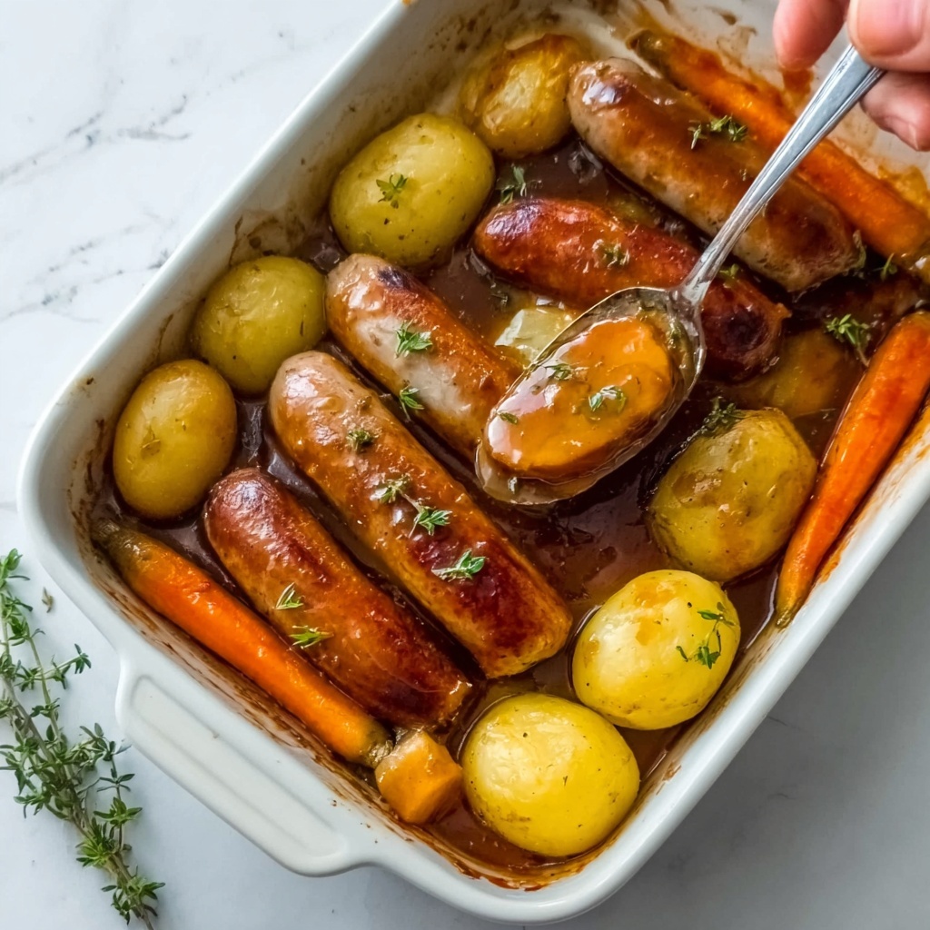 Oven Baked Sausages with Potatoes, Vegetables and Gravy Recipe - Recipe Image