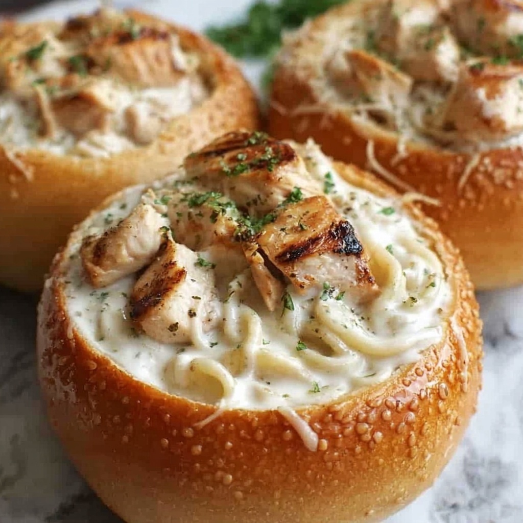 Chicken Alfredo Garlic Bread Bowls Recipe - Recipe Image