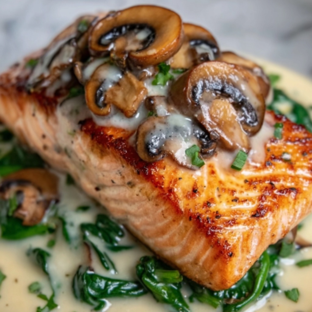 Garlic Butter Salmon with Spinach & Mushrooms in Creamy Sauce Recipe - Recipe Image